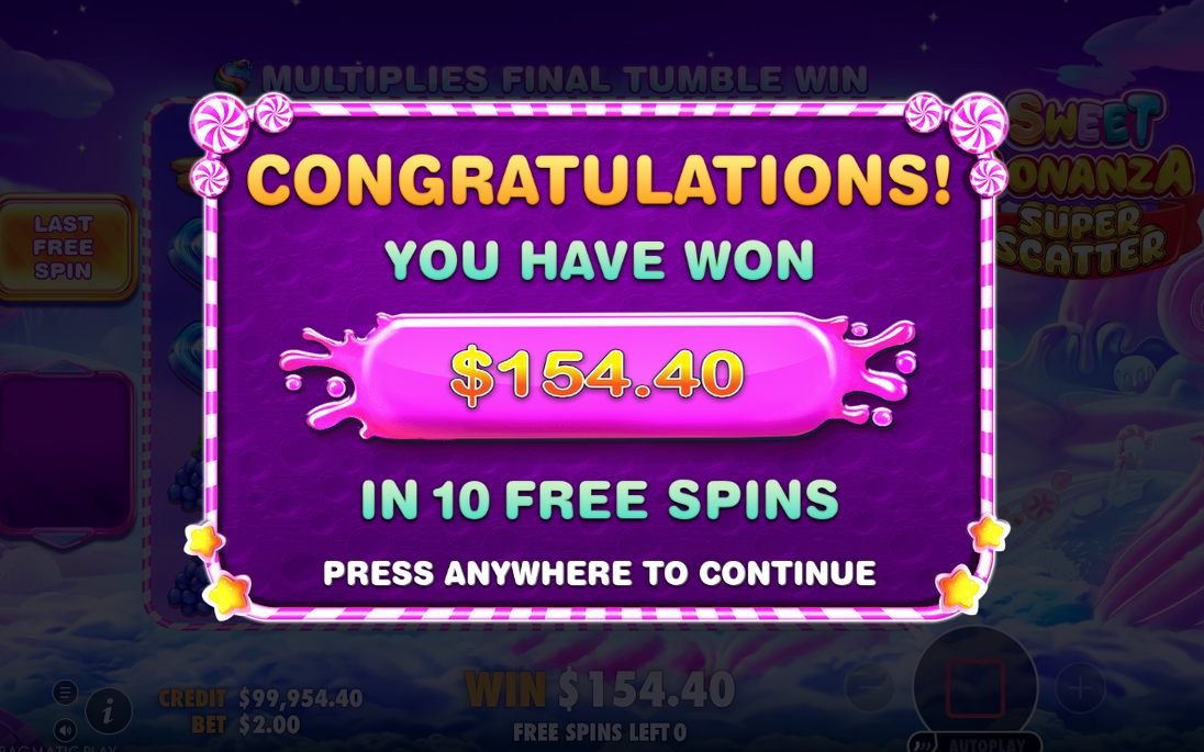 Vinstskärm efter en tumble i Free Spins med MULTIPLIER BOMB